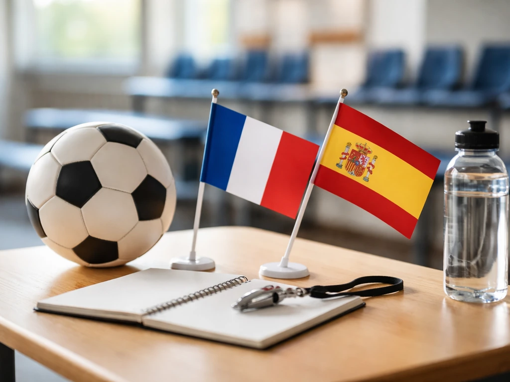 Drapeaux France et Espagne/Angleterre posés près d’un ballon de football, pour illustrer le bon match à suivre.