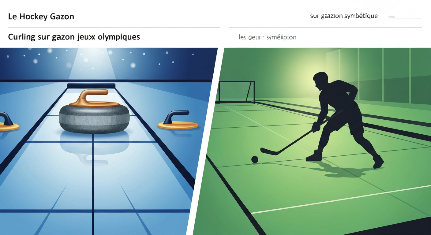 Illustration comparant curling sur glace (pierre et balais) et hockey sur gazon (joueur avec crosse) en diptyque, style vectoriel.