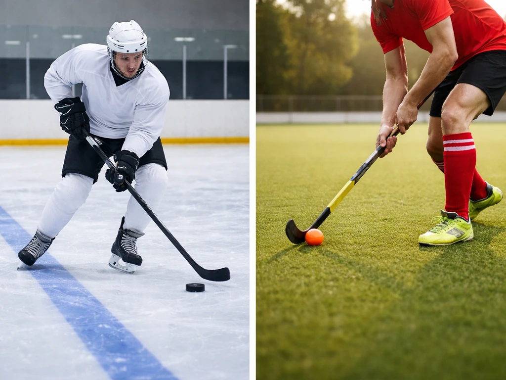 Photo divisée : hockey sur glace à gauche et hockey sur gazon à droite, avec joueurs anonymes et matériel.