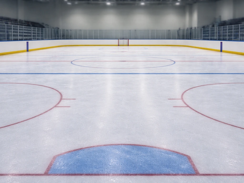 Vue sur une patinoire rectangulaire de hockey sur glace, avec bandes et marquages visibles.