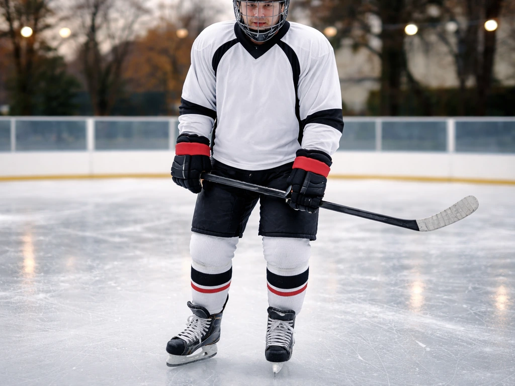 Joueur de hockey au sol, patins à lames et protections visibles, entraînement sur glace.