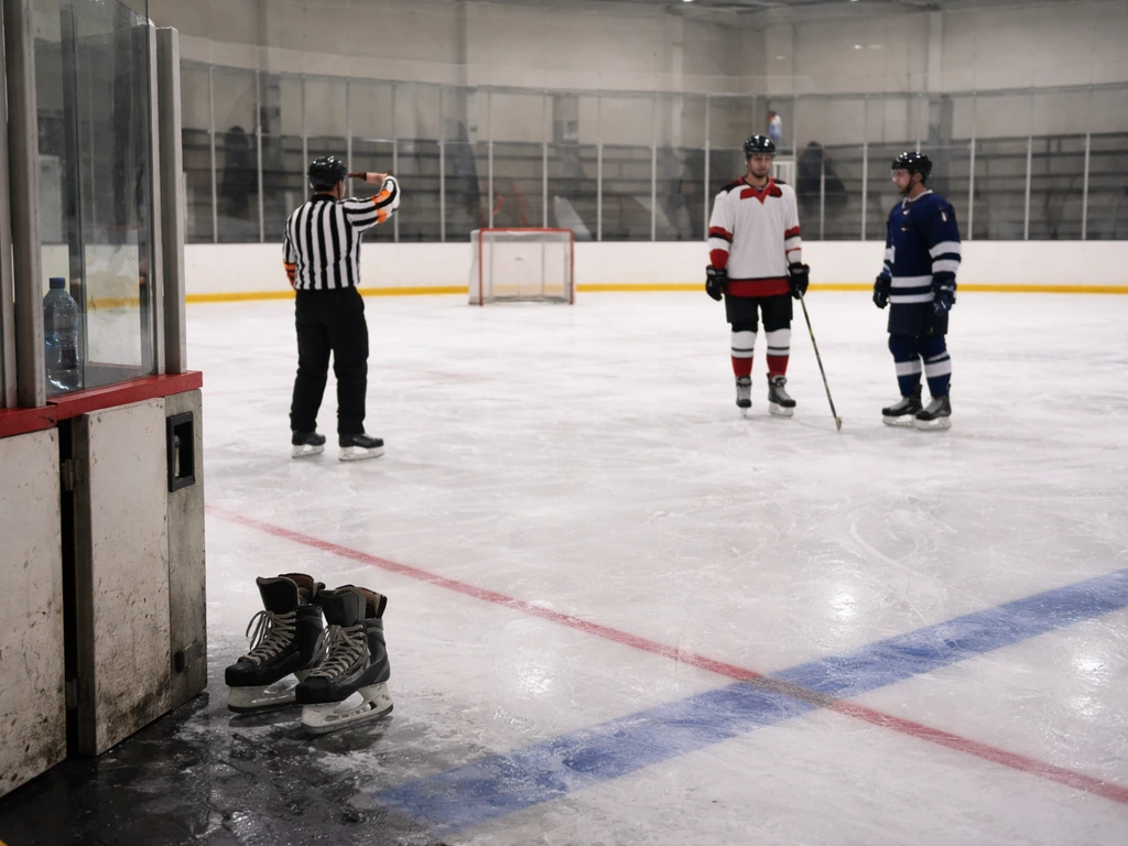 Arbitre et joueurs sur glace avec banc des pénalités, montrant un arrêt de jeu après faute.
