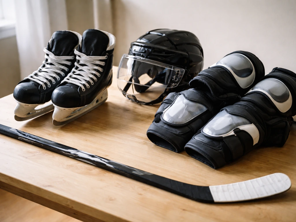 Patins, casque, protections et bâton de hockey sur glace disposés sur une table en bois claire.