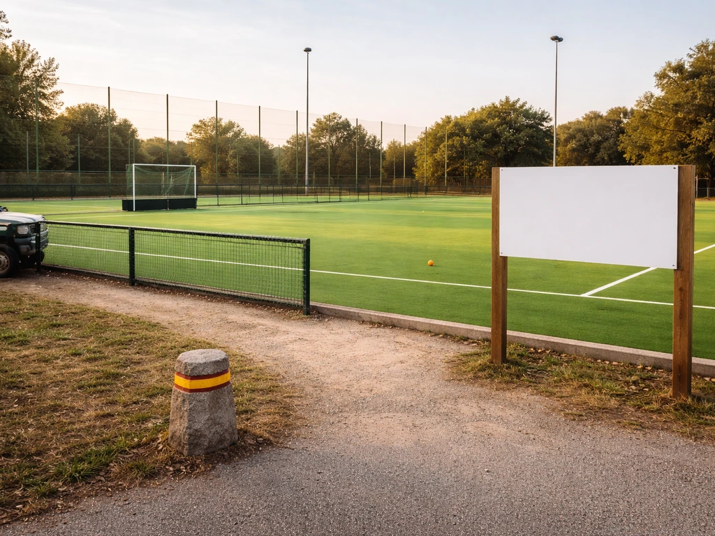 Terrain de hockey sur gazon près d’un panneau de club, repère discret au sol pour illustrer la localisation.