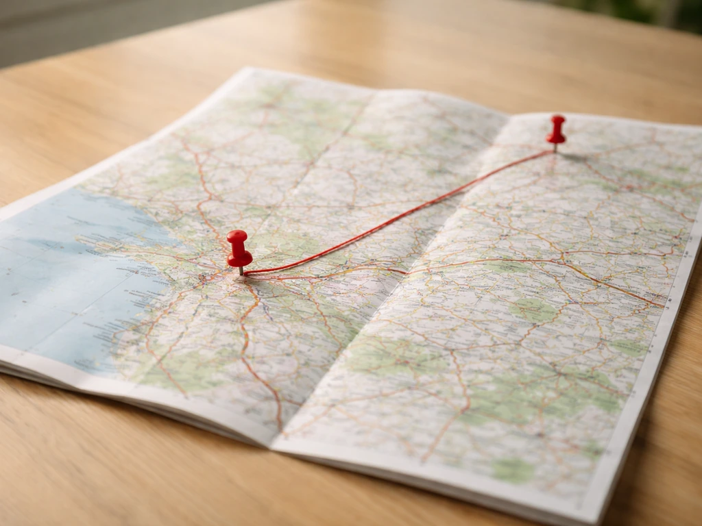 Vue réaliste d’une carte papier de la région nantaise avec un fil rouge allant vers Nantes et vers Angers/Rennes.