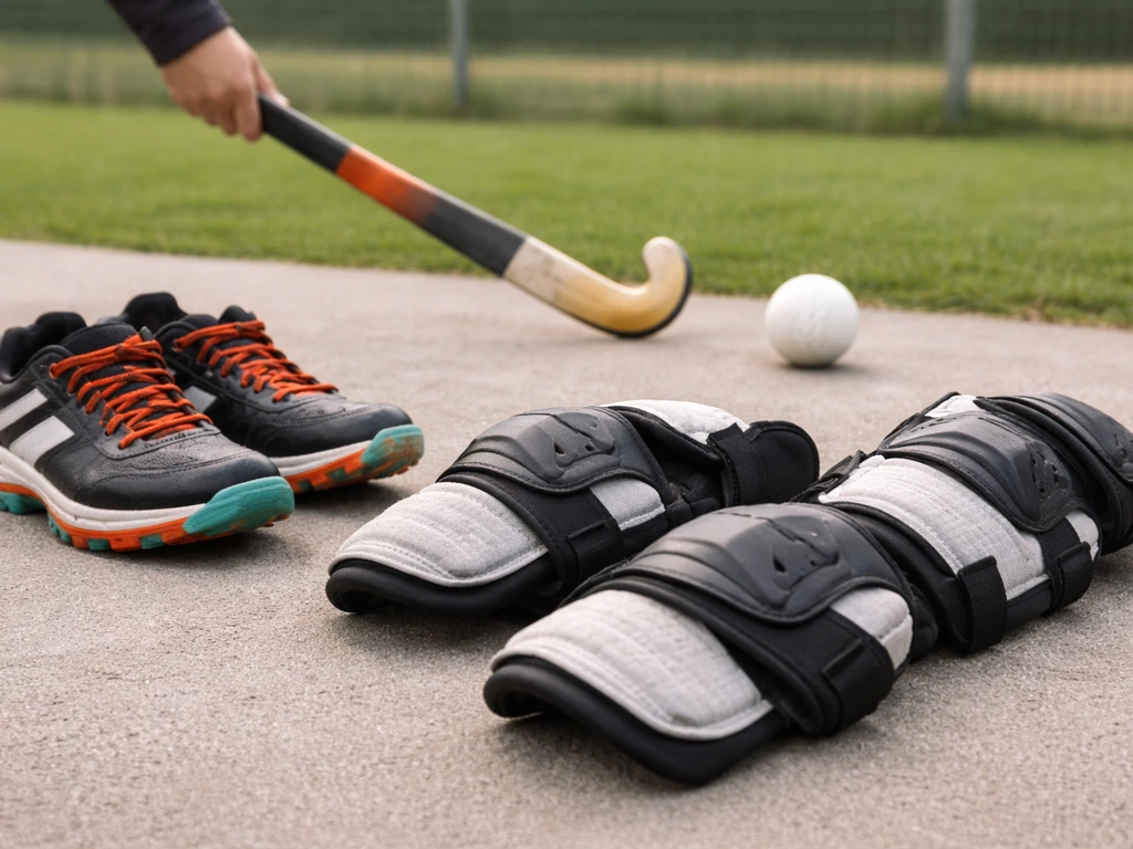 Crosse, ballon et protections de hockey sur gazon posés sur le sol, avec des chaussures adaptées à côté.