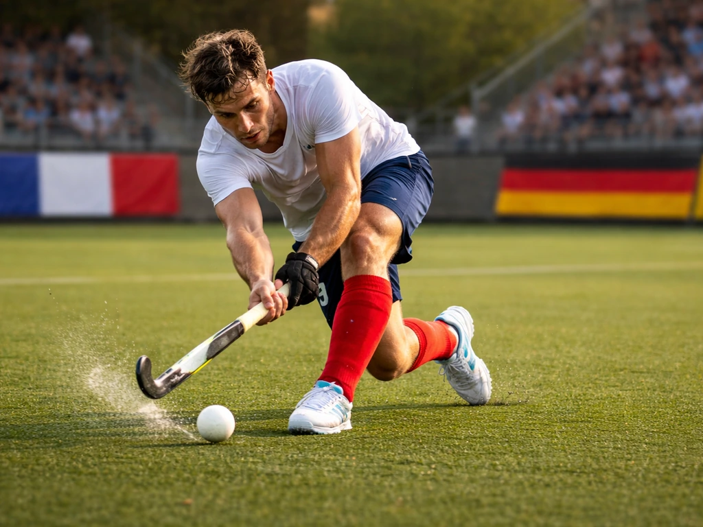 Match de hockey sur gazon en plein jeu, sur terrain en herbe, tribunes floues et touches bleu-rouge et noir-jaune.