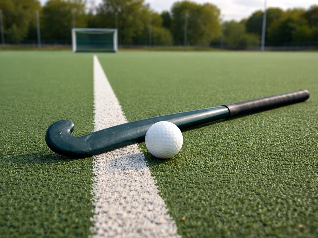 Stick et balle de hockey sur gazon près d’une ligne de terrain, terrain synthétique en arrière-plan