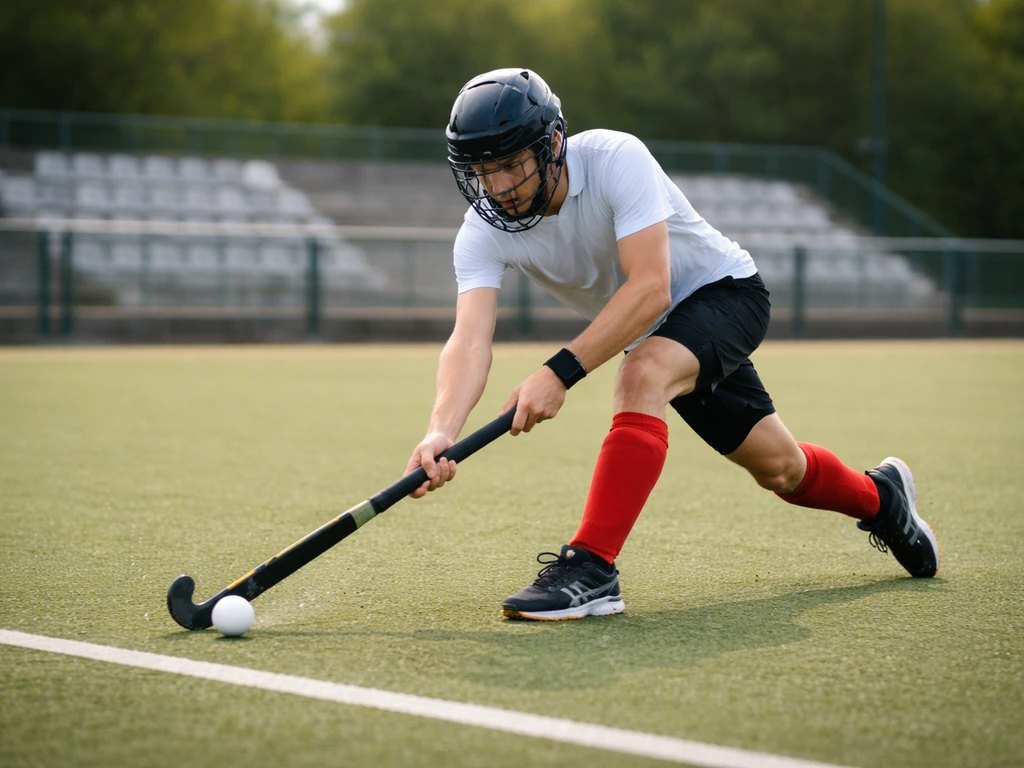 Joueur de hockey sur gazon anonyme sur gazon synthétique, crosse au sol, ambiance de stade local à Escaudœuvres.