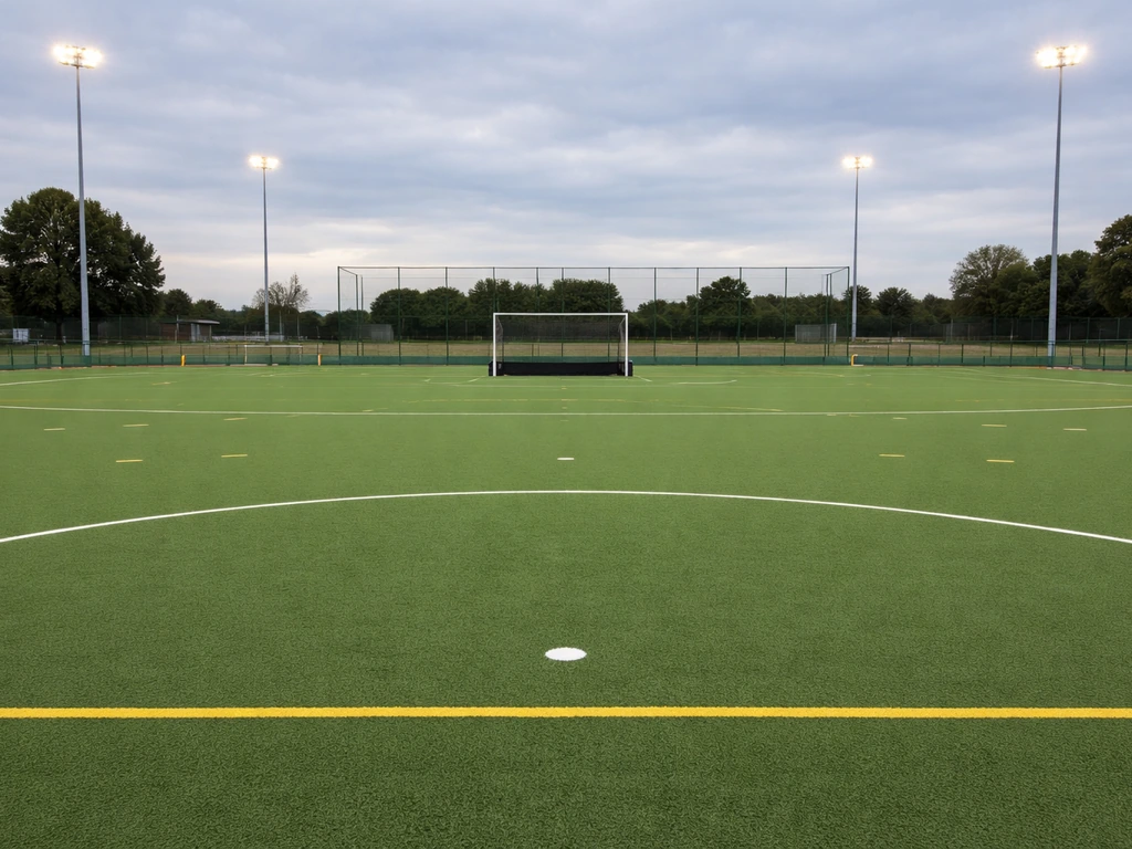 Terrain de hockey sur gazon avec pelouse synthétique et marquages, éclairage du stade en arrière-plan.