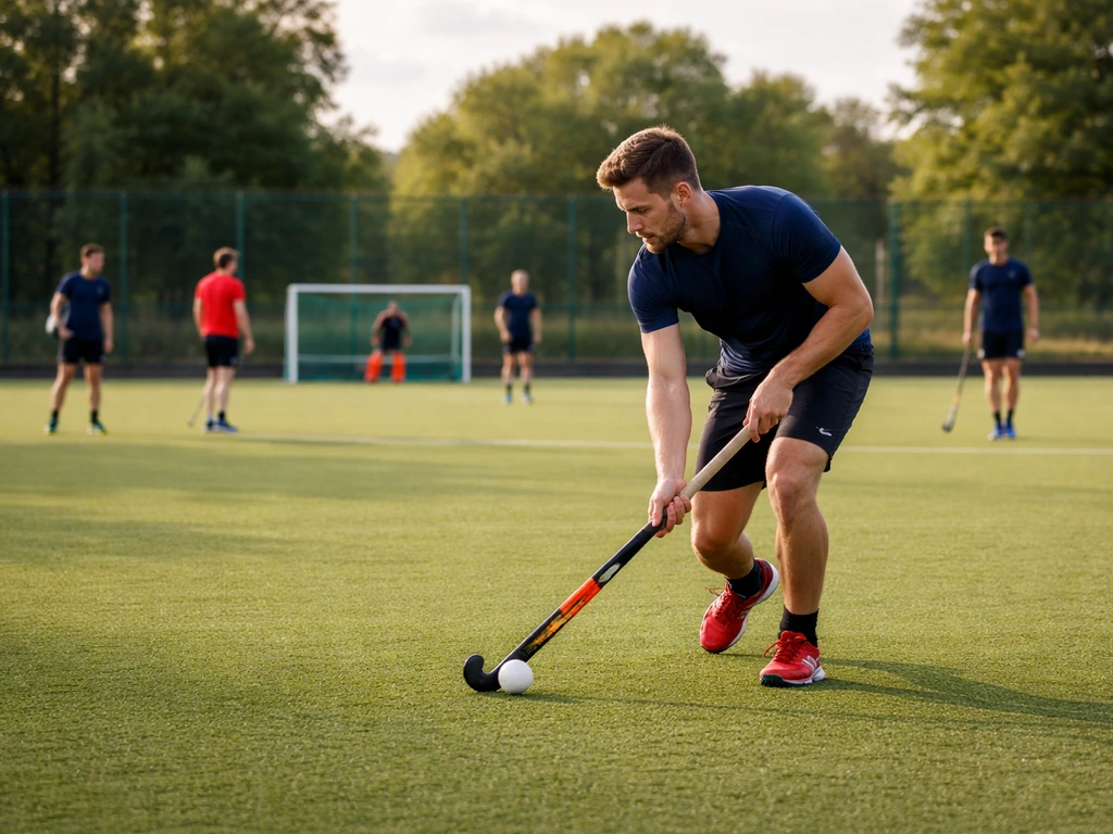 Joueurs de hockey sur gazon sur terrain synthétique, en plein entraînement extérieur, ambiance simple et naturelle.