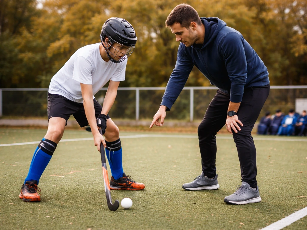 Débutant de hockey sur gazon guidé par un coach, ambiance d’essai au club en extérieur.
