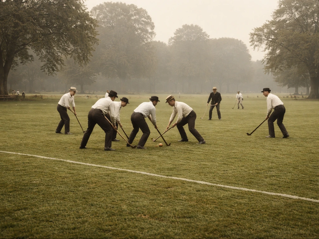 Joueurs de hockey sur gazon anonymes sur un terrain à Londres, ambiance fin XIXe siècle.