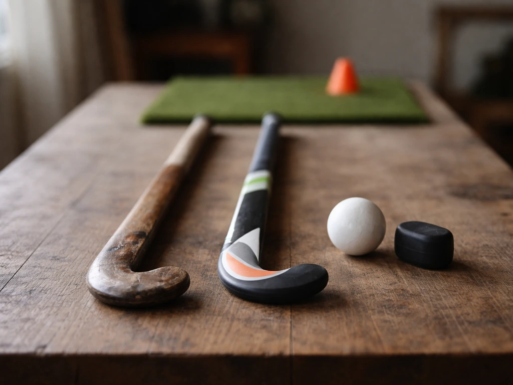 Sur une table d’atelier, des bâtons et une forme de balle disposés en ordre suggérant l’évolution du hockey sur gazon.