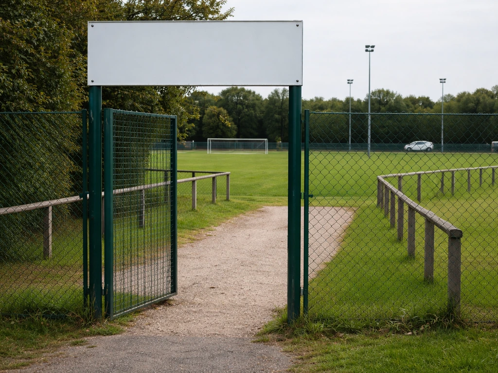 Entrée d’un club sportif à Yvetot avec accès au terrain de hockey sur gazon, sans personnes.