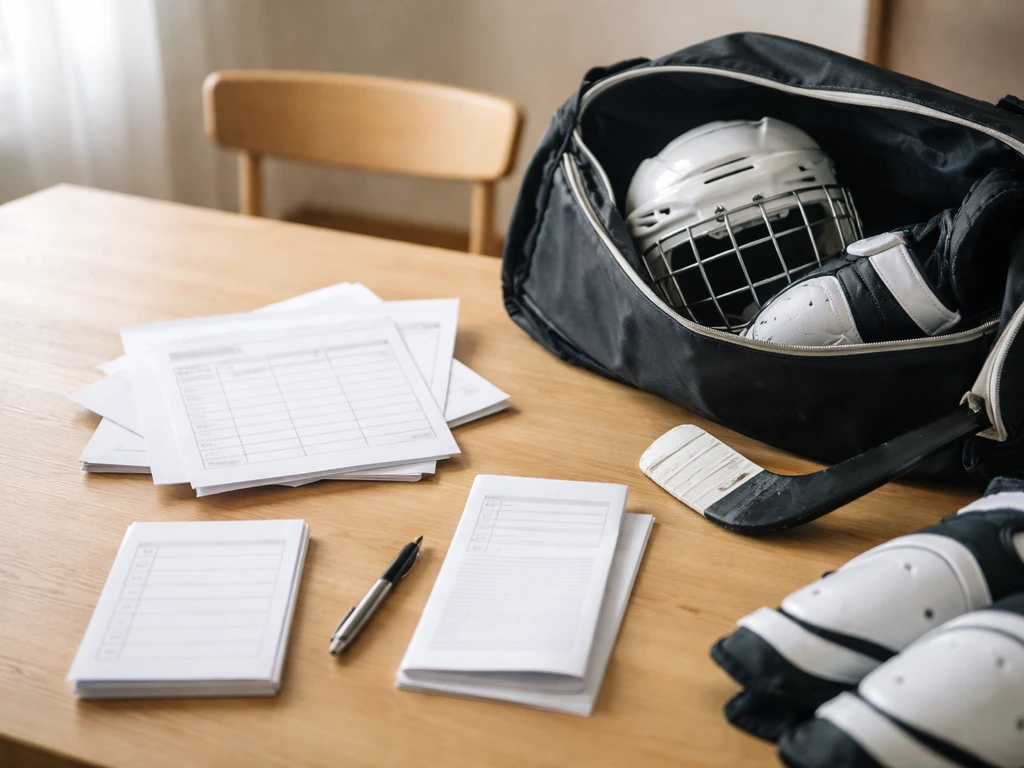 Table d’inscription avec documents de licence, stylo et matériel de hockey prêt pour un premier essai