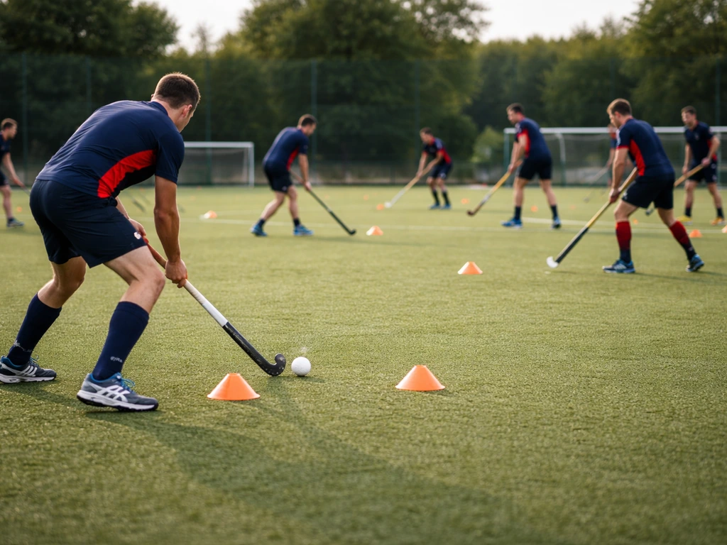 Entraînement de hockey sur gazon sur un terrain en herbe synthétique, joueurs en petits ateliers et balles au sol.