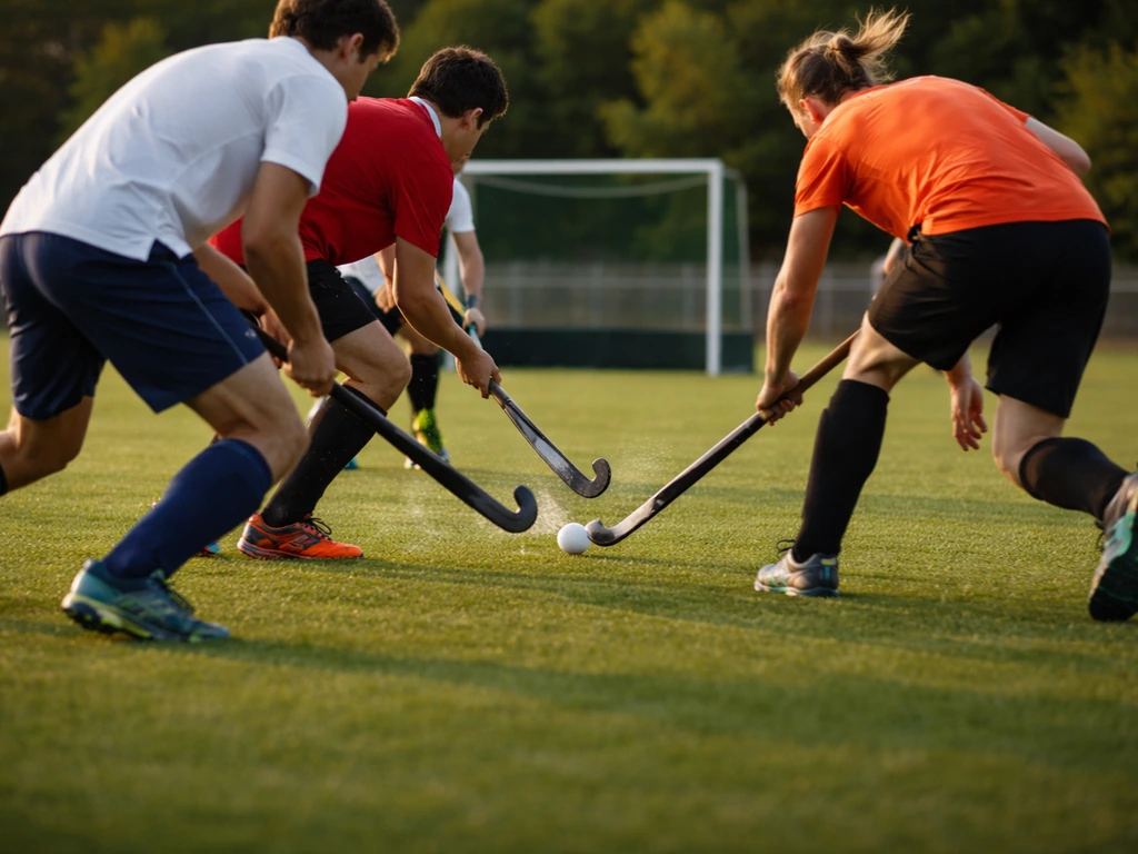 Scène d’entraînement de hockey sur gazon : plusieurs joueurs en action près d’un but, ambiance de match.