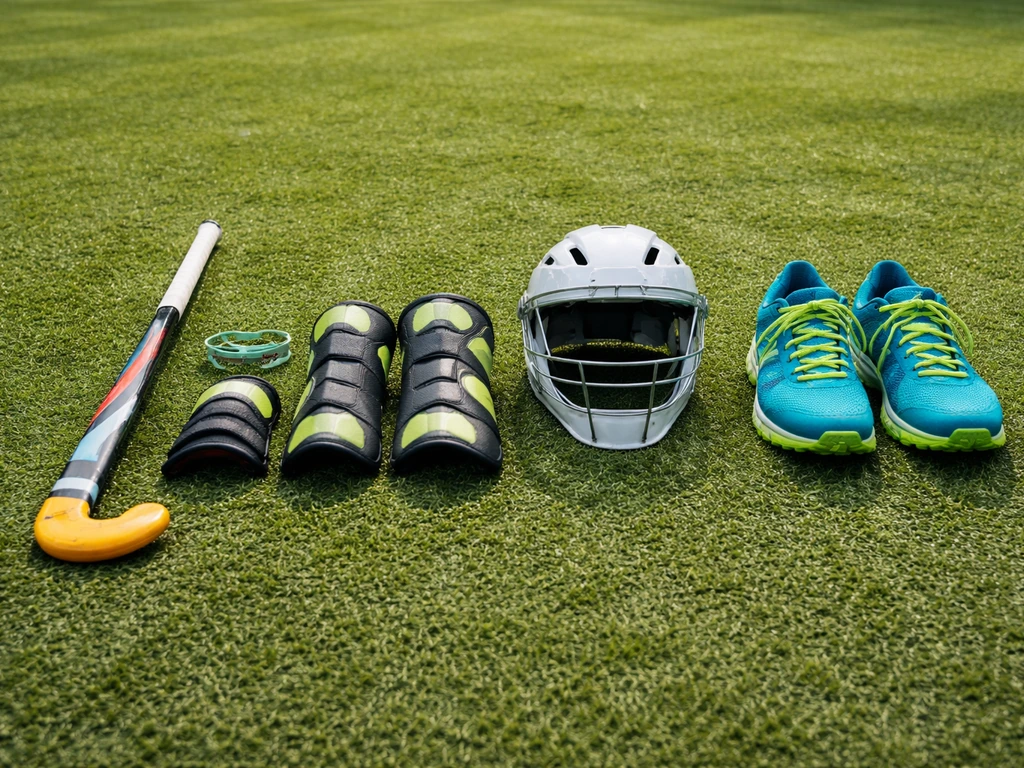 Équipement de hockey sur gazon posé à plat : crosse, protège-dents, protège-poignets/genoux, casque et chaussures gazon.