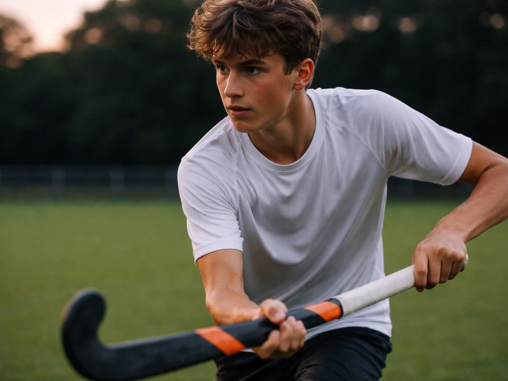 Jeune joueur de hockey sur gazon dans un parc, avec ambiance sportive européenne distincte et minimale.