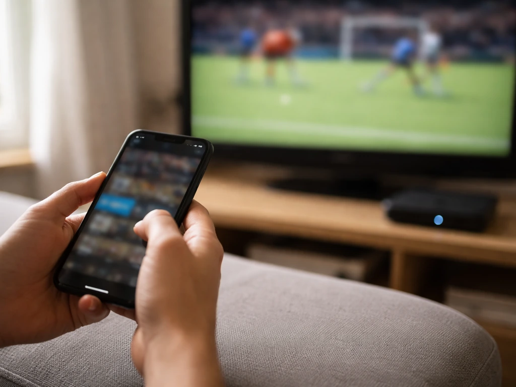 Vue rapprochée d’un smartphone et d’un carnet près d’une box TV, streaming de sport en arrière-plan flou.