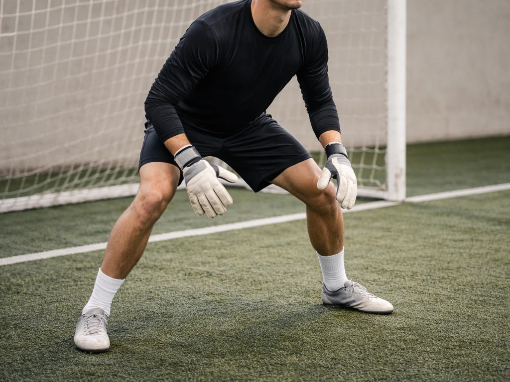 Gardien de but en position d’attente, pieds écartés et genoux fléchis, posture de couverture dans la zone de but.