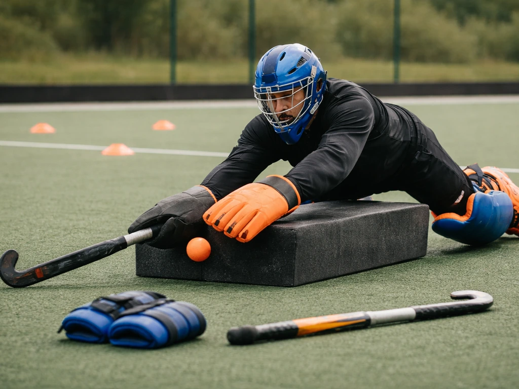 Gardien de hockey sur gazon arrêtant une balle sur mousse, avec plots et matériel d’entraînement au sol.