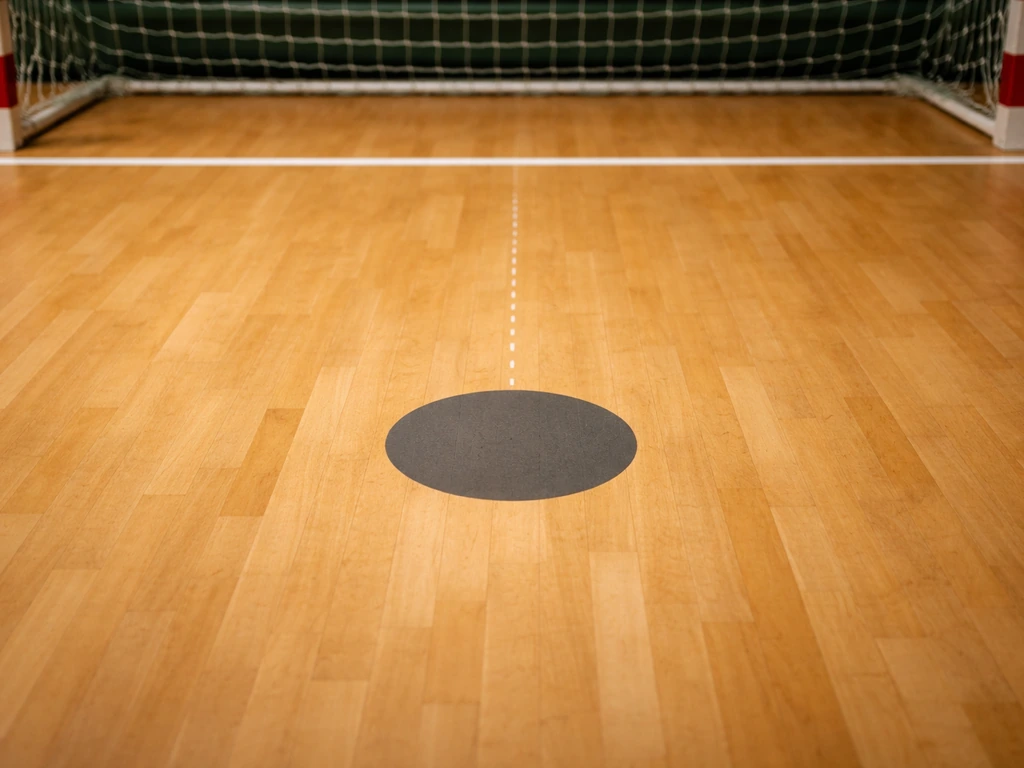 Gros plan sur un spot de pénalité au sol devant un but de handball, repère net et discret.