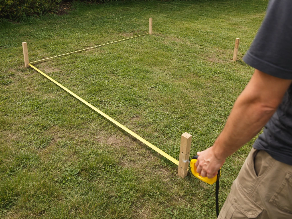 Terrain en herbe avec piquets d’angle et ruban de mesure tendu pour vérifier l’implantation.