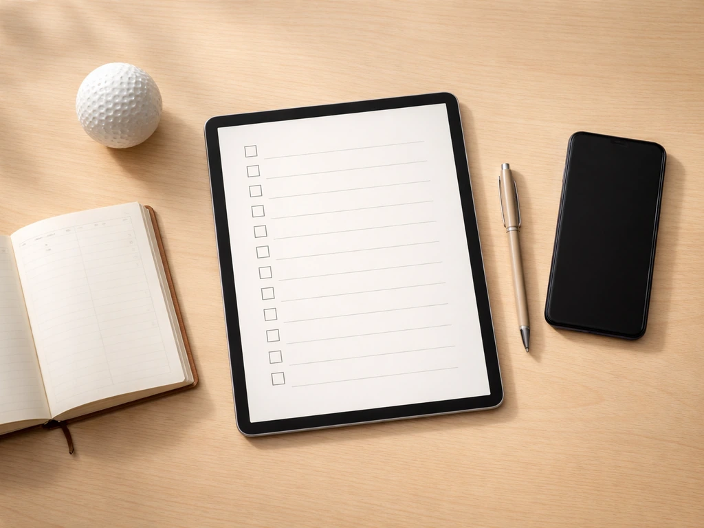Checklist pratique flat-lay sur tablette, stylo, smartphone et mini ballon de hockey sur gazon, lumière naturelle.