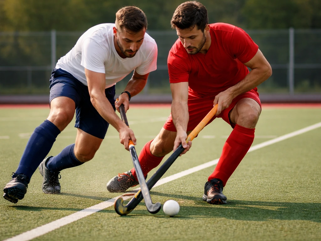 Scène de hockey sur gazon tendue : duel sportif avec crosse sur terrain synthétique, sans bagarre.