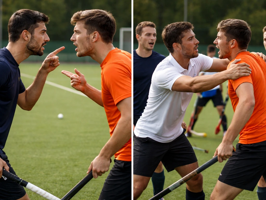 Deux moments opposés sur un terrain : dispute animée sans coups, puis altercation stoppée entre joueurs