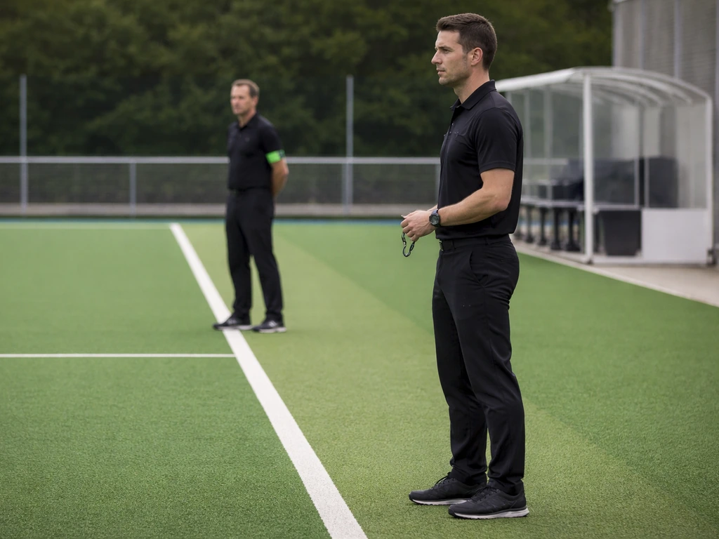 Deux personnes en tenue officielle près du terrain de hockey sur gazon, évoquant l’arbitrage et l’encadrement.