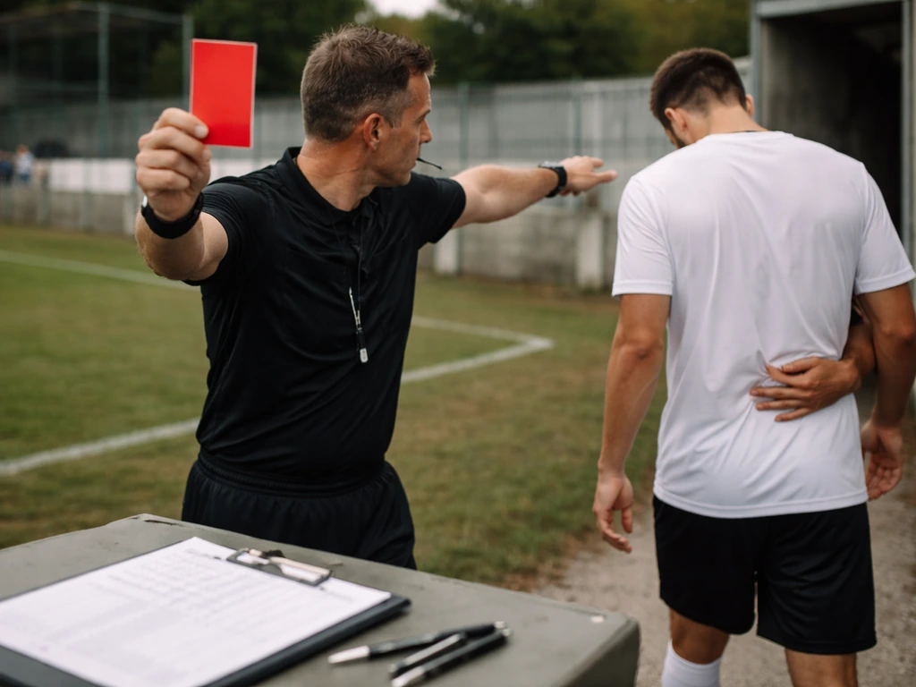 Arbitre indique un carton rouge, un joueur rejoint les vestiaires, feuille de match visible sur la table du match.