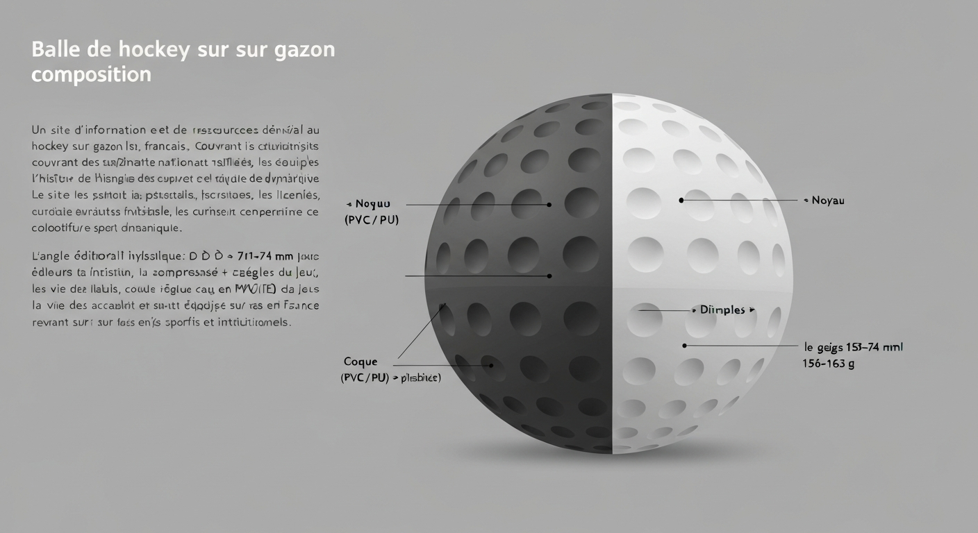 Balle de hockey sur gazon en partie en coupe montrant le noyau, la coque et la surface à dimples