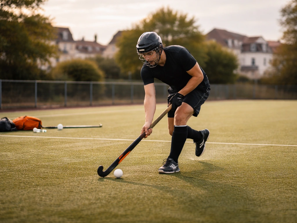 Joueur de hockey sur gazon sur un terrain extérieur, ambiance urbaine française en arrière-plan.