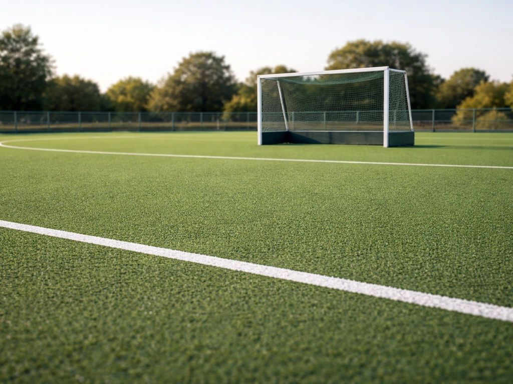 Terrain de hockey sur gazon avec but et marquages, ambiance sportive minimale.