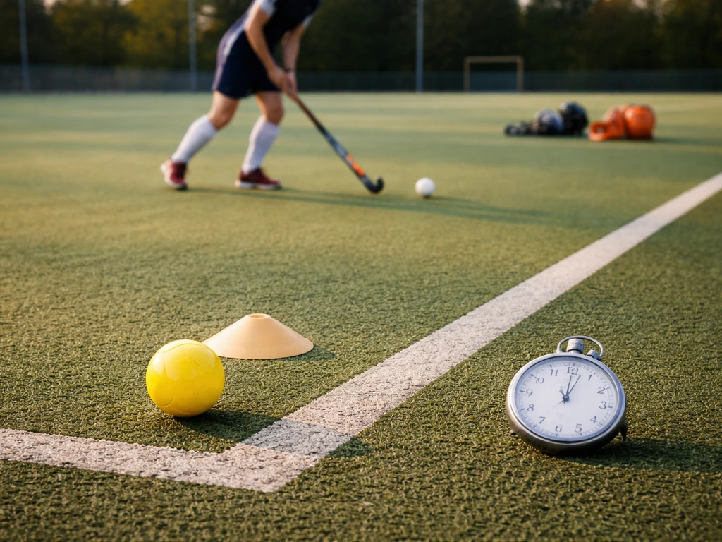 Terrain de hockey sur gazon avec ballon, crosse et chronomètre, évoquant entraînements par catégories.
