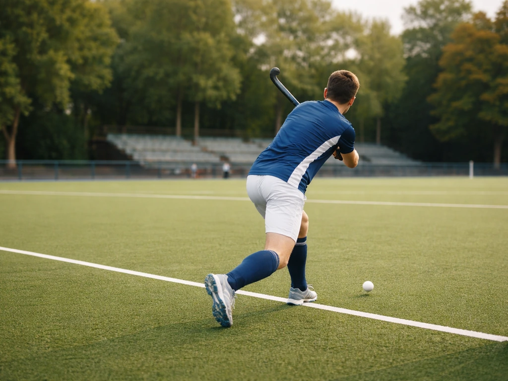 Terrain de hockey sur gazon en France, joueur sur gazon synthétique prêt à s’élancer, ambiance club.