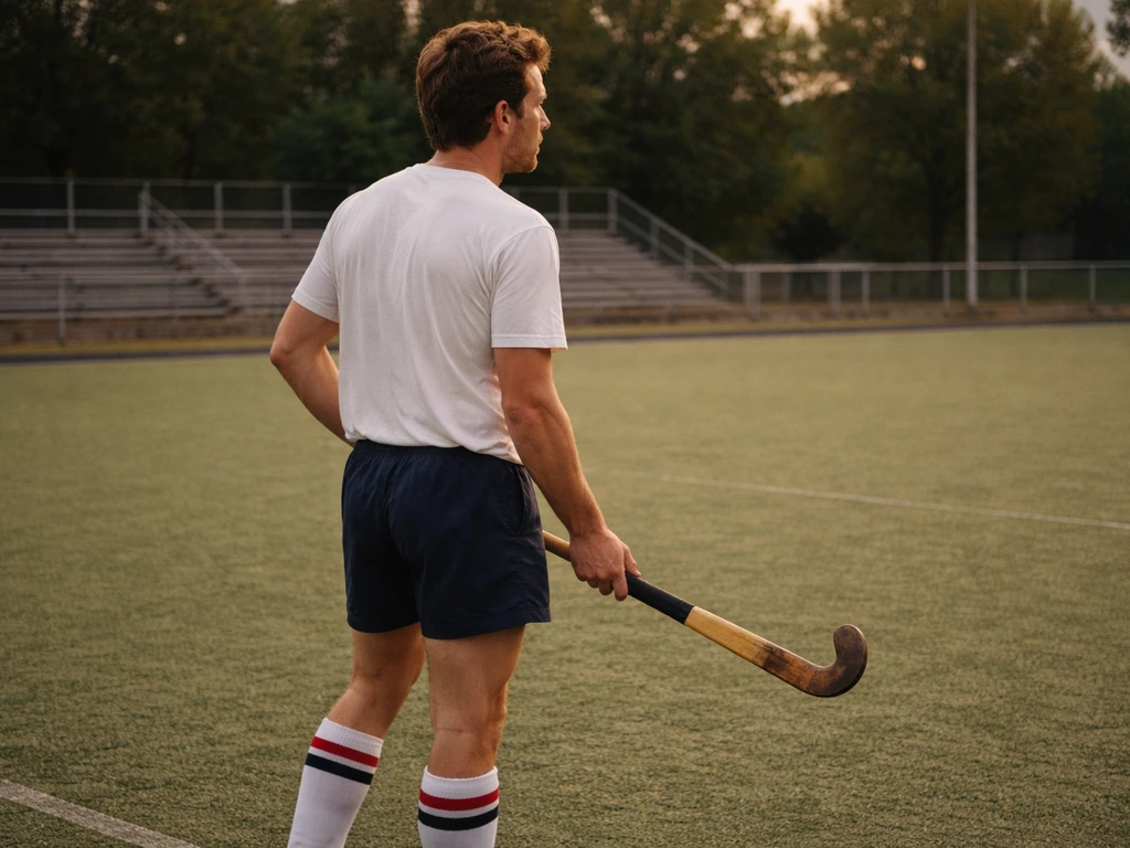 Homme anonyme en tenue vintage de hockey sur gazon sur un terrain près des tribunes, ambiance des années 1970.