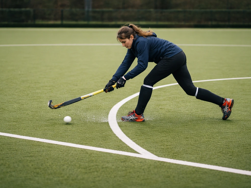 Phase de hockey sur gazon sur un terrain synthétique, ballon et crosse, lignes de jeu visibles.