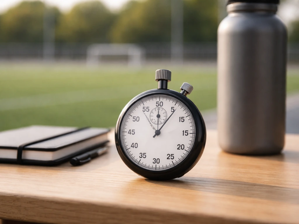 Chronomètre posé sur une table près d’un terrain de hockey, pour illustrer les quarts et les reprises