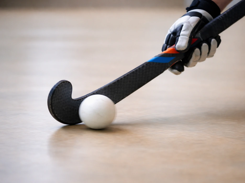 Gros plan d’un stick touchant un ballon de hockey, la face plate au contact, ballon en mouvement