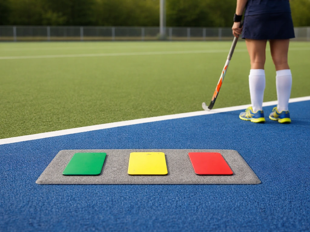 Terrain de hockey avec trois pictogrammes de cartons (vert, jaune, rouge) et une personne anonyme près de la ligne.