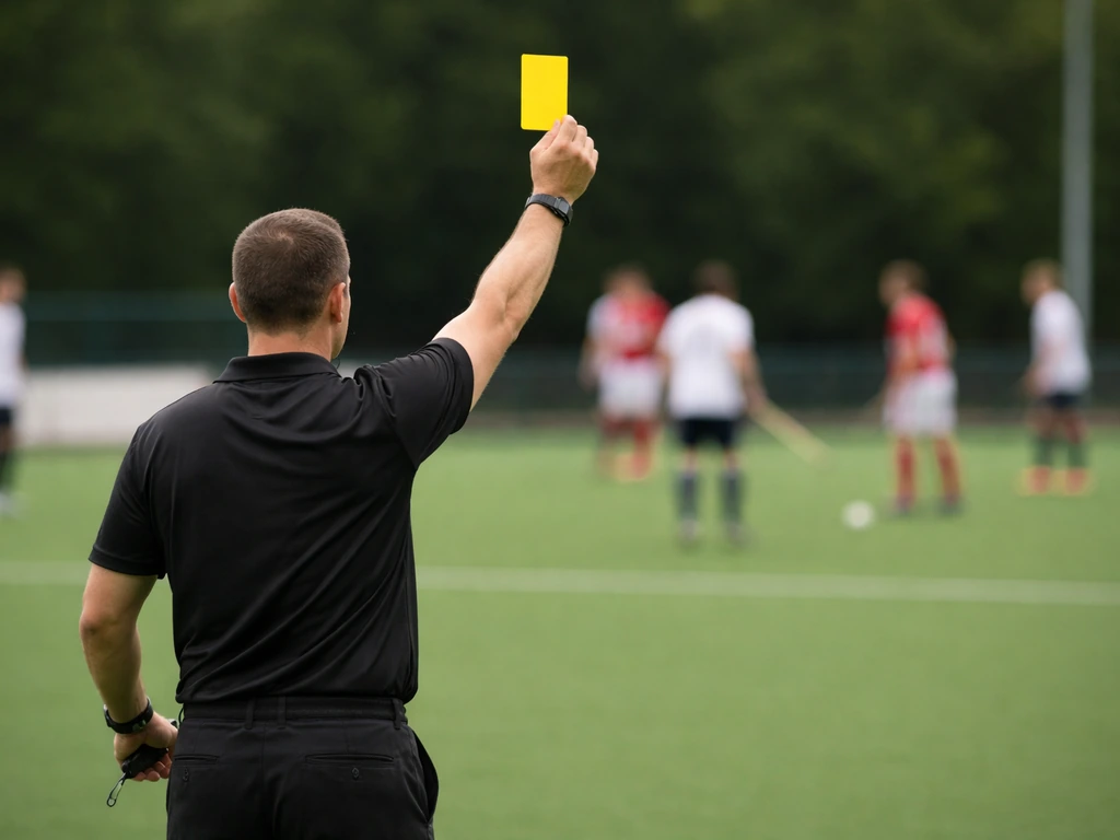 Arbitre levant un carton jaune lors d’un match de hockey sur gazon, joueurs flous en arrière-plan.