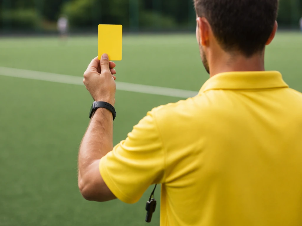 Arbitre anonyme brandissant un carton jaune près d’un terrain de hockey, illustrant l’avertissement disciplinaire.