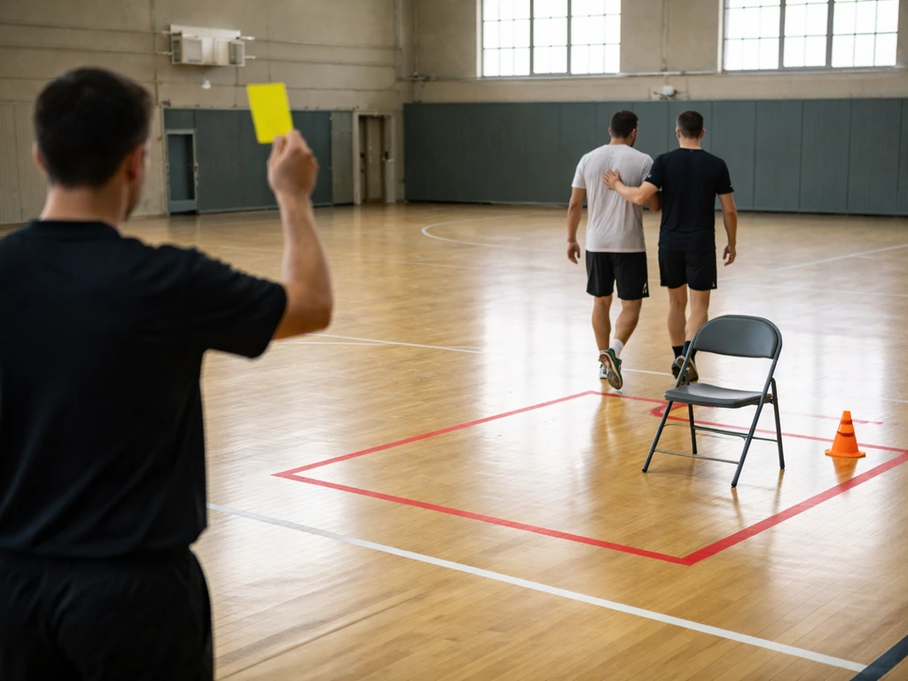 Arbitre de dos et joueur dirigé vers une zone d’exclusion après un carton jaune, jeu en pause.