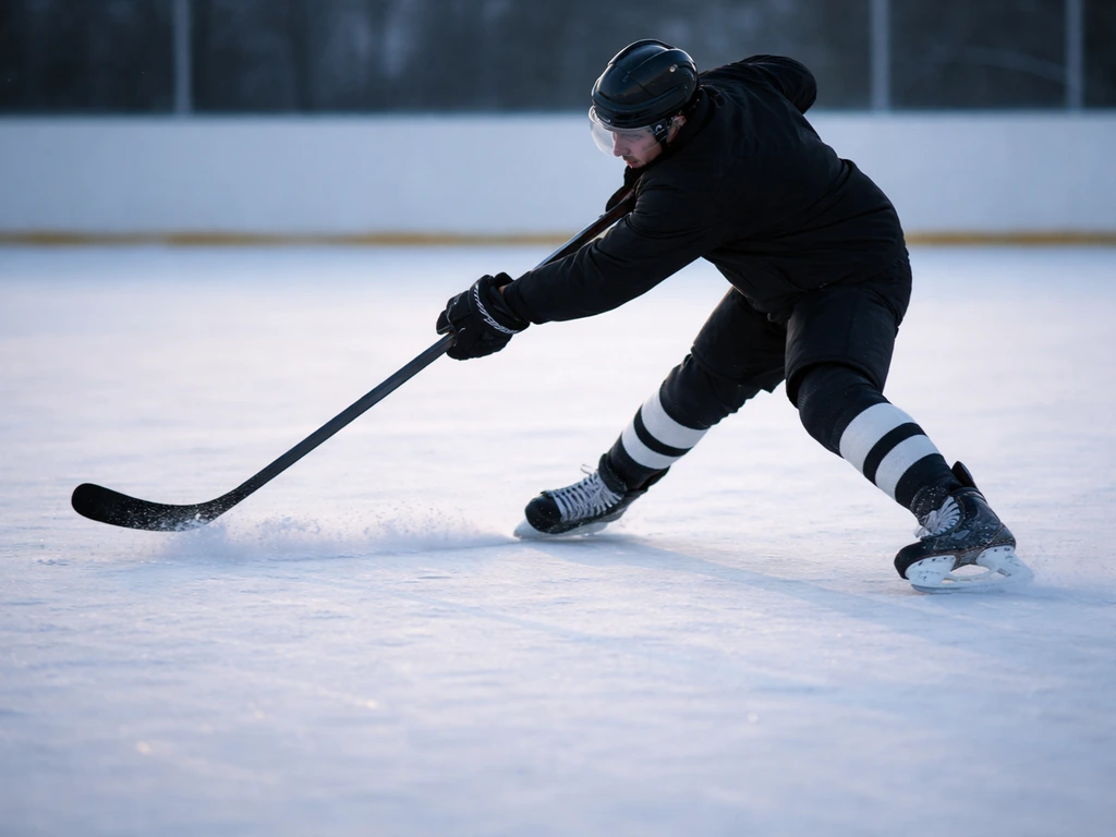 Geste technique de hockey sur glace : crosse en arrière puis fouettée vers un point d’impact sur la glace