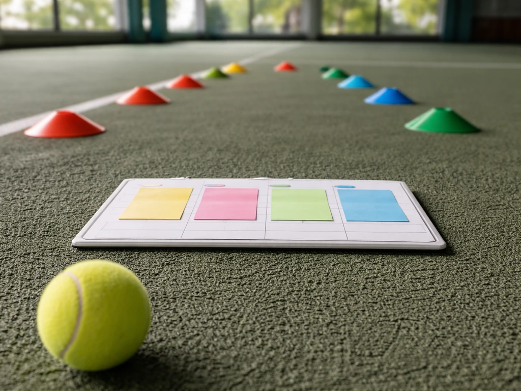 Plan de séance de tennis sur 4 semaines posé au sol, avec marqueurs au sol et balle de tennis, sans personne.
