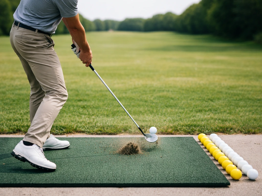 Golfeur anonyme au practice, plusieurs balles alignées, contact contrôlé près du sol